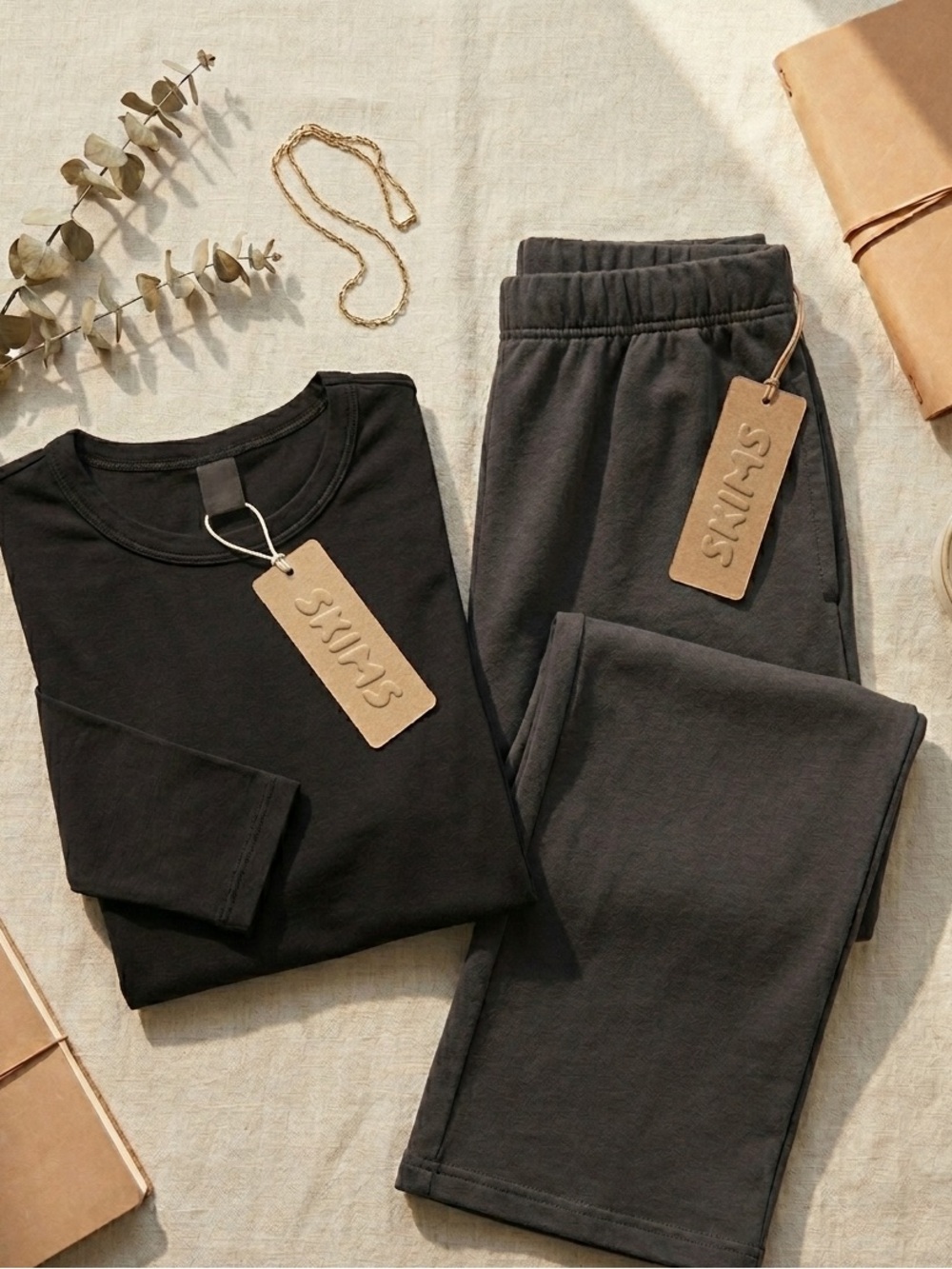 SKIMS Monochrome Lounge Set NWT Fits Everybody LS Tee & Cotton Wide Leg Pant XS